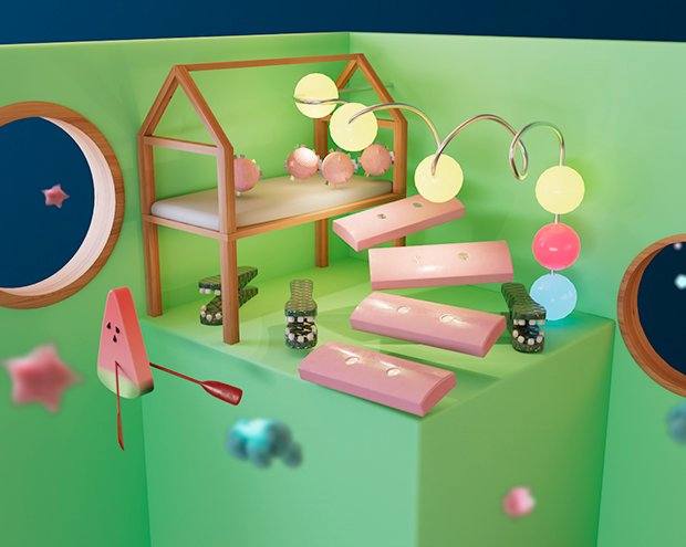 image 3D d'une chambre peuplée d'objets fantastiques