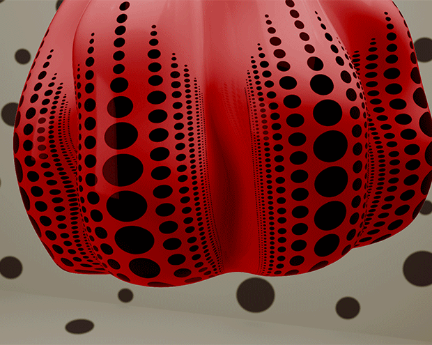 red pumpking in the style of Yayoi kusama moving