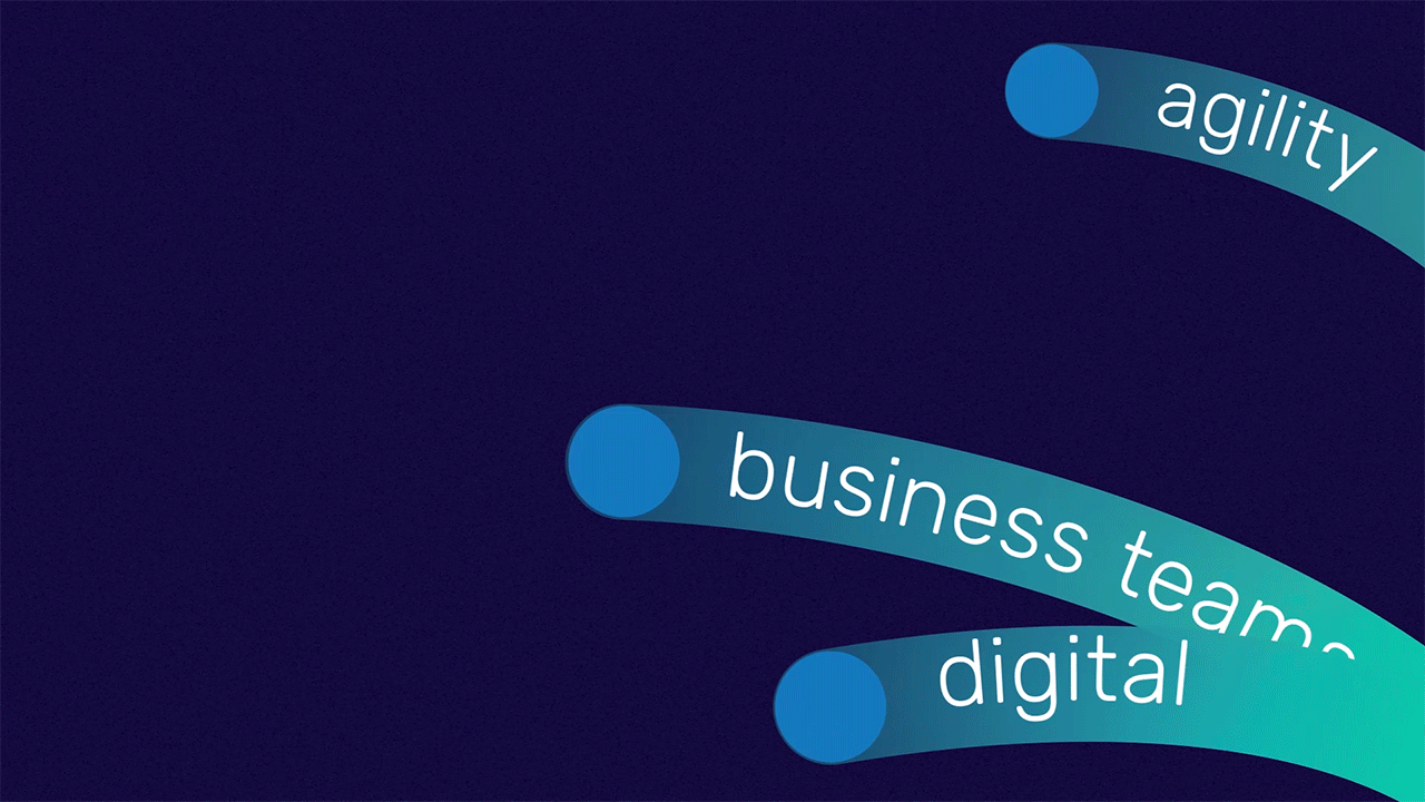 Imagino GIF ribbons animated gif of ribbons moving in a bunch, with the words "digital", "agility" and "business teams" on top