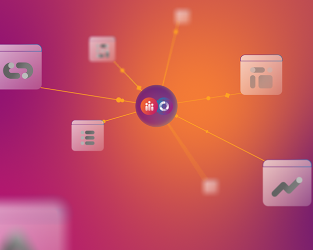 image extract from an animation representing a sphere with logos in it and multiple boxes around